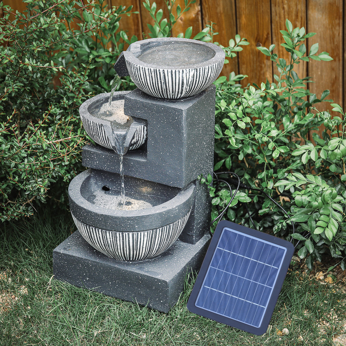 Outdoor Water Fountain Rockery Decoration 3 Tier Bowls Solar Powered