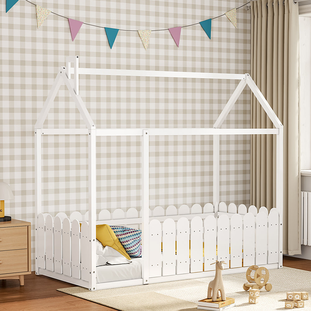 Kids House Bed with Safety Fence Solid Pine Frame Nordic White Single