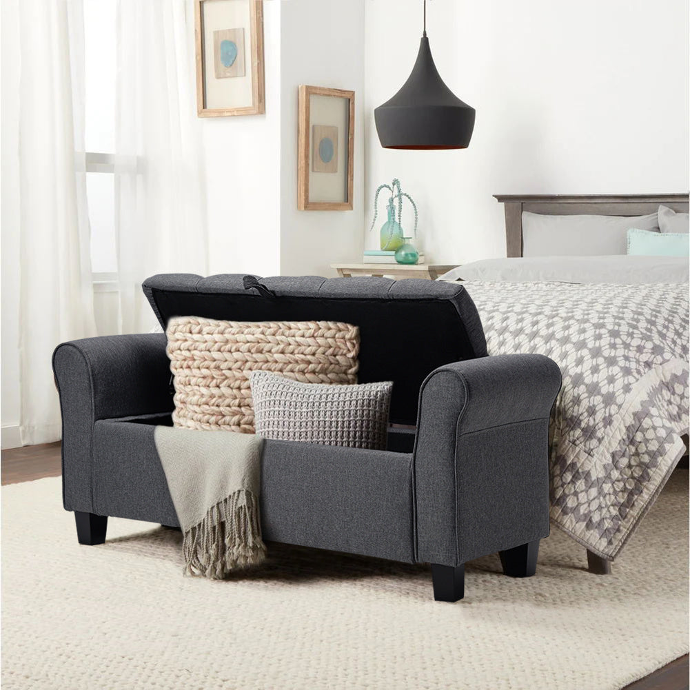 Storage Ottoman Bench with Armrests Linen Upholstered Bed End