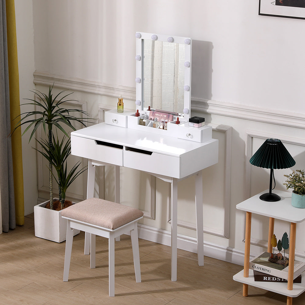 White Vanity Table with LED Mirror Cushioned Stool and Storage Drawers