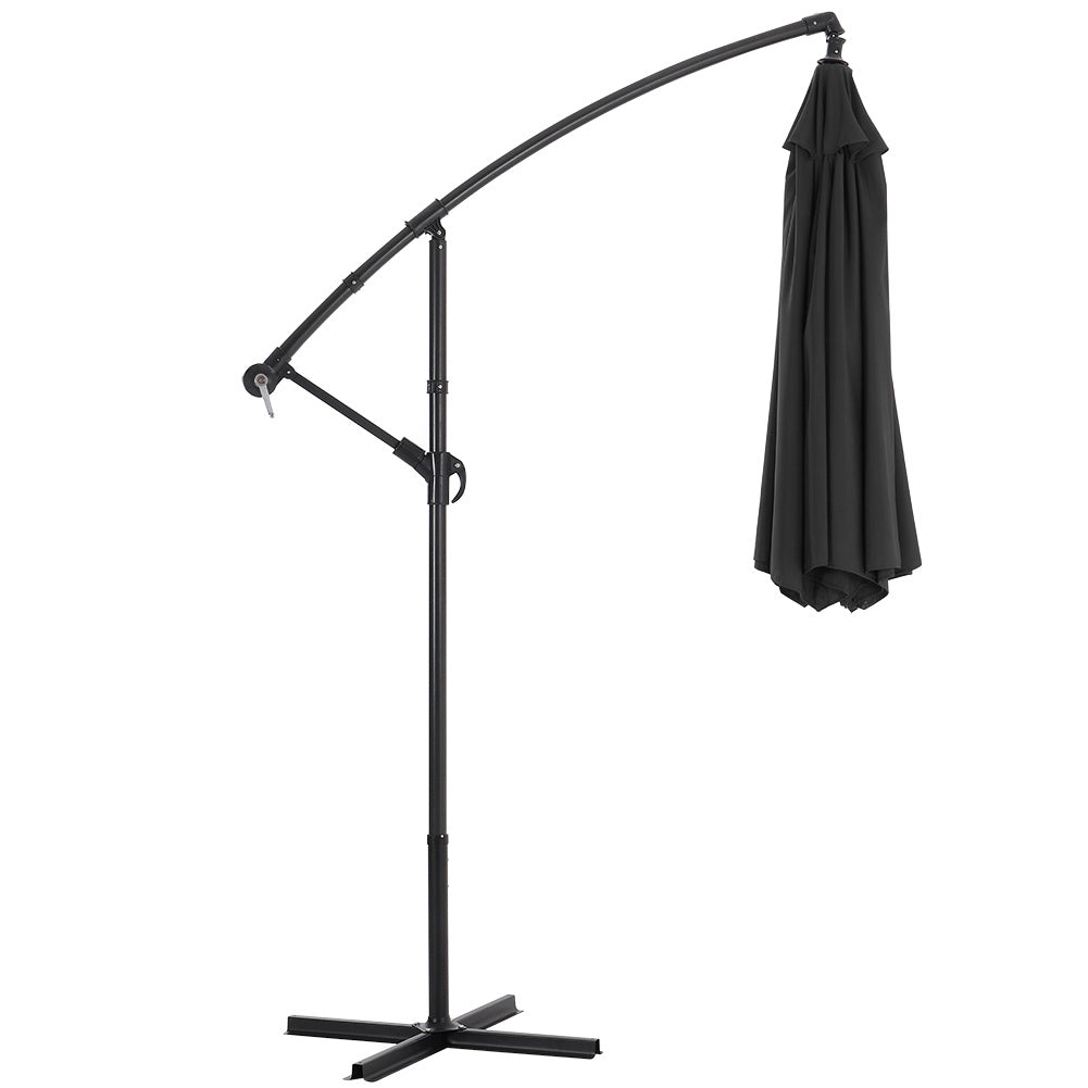 Garden 3M Black Banana Parasol Cantilever Hanging Sun Shade Umbrella Shelter with Cross Base