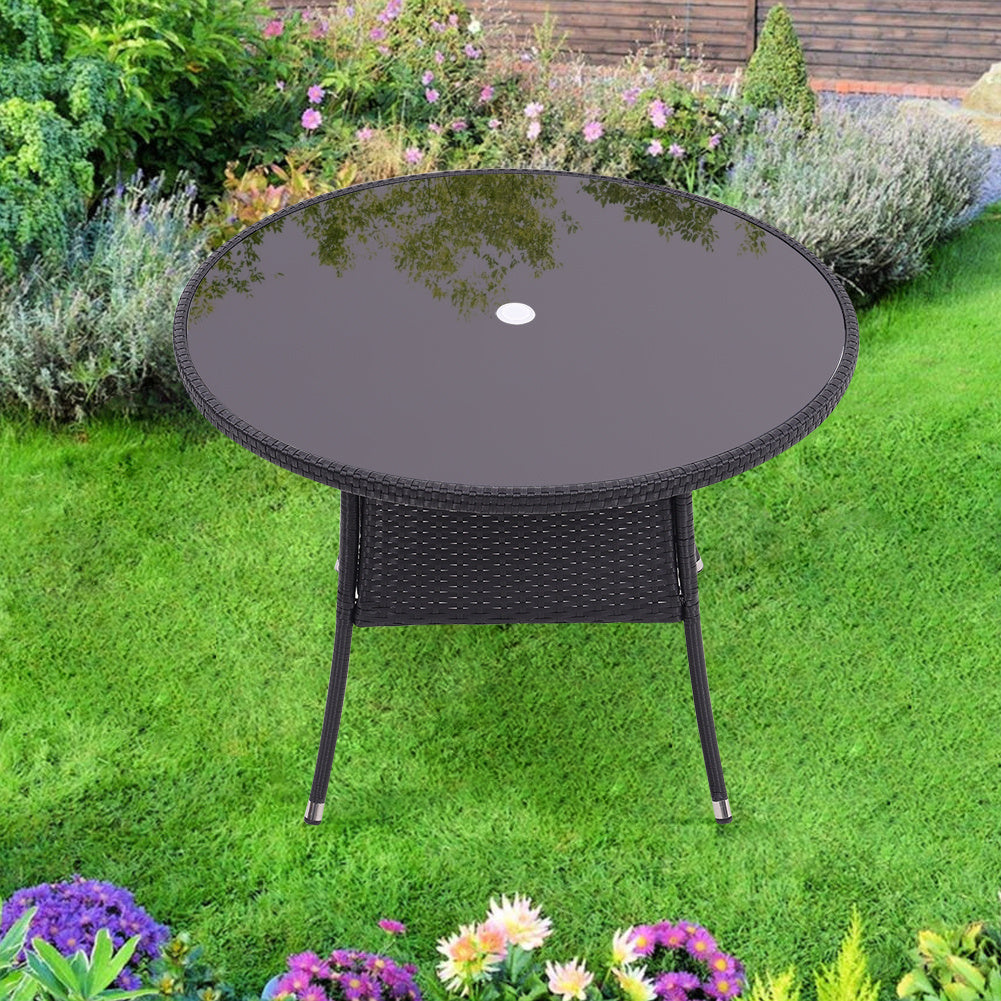 105CM Patio Garden Round Rattan Glass Table With Umbrella Hole Black