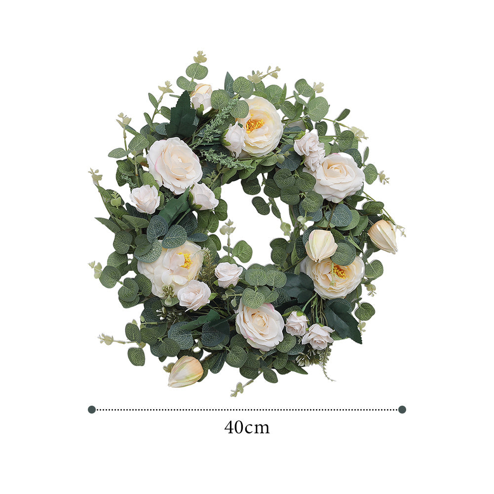 40cm Green Artificial Camellia Eucalyptus Wreath
