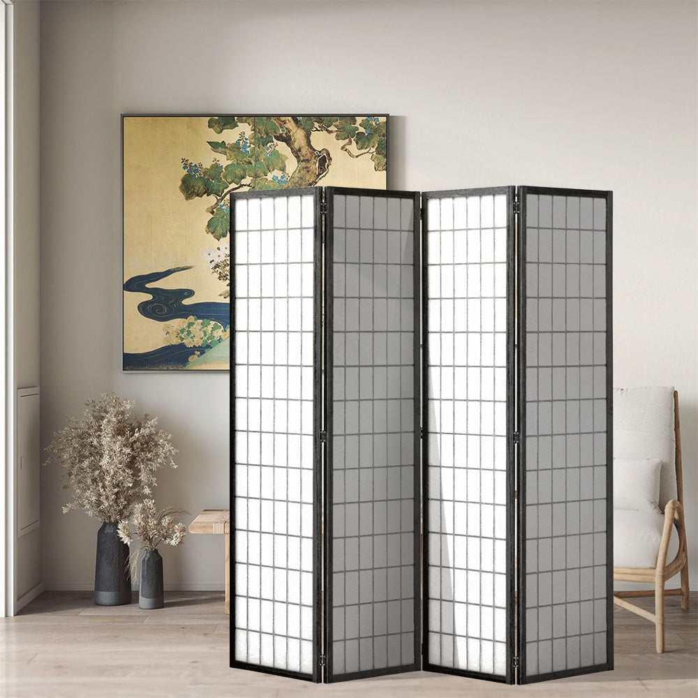 Black 4 Panel Solid Wood Folding Room Divider Privacy Screen
