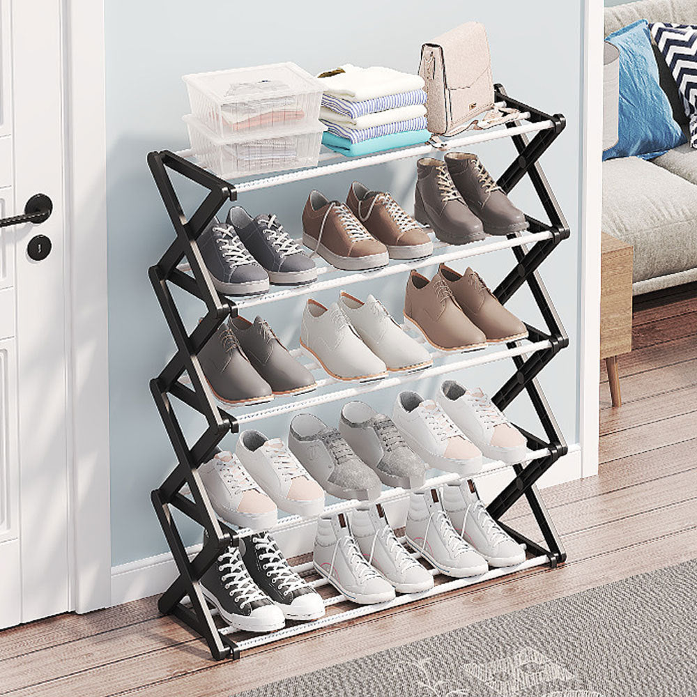 Black Foldable 5 Tier Metal Shoe Rack