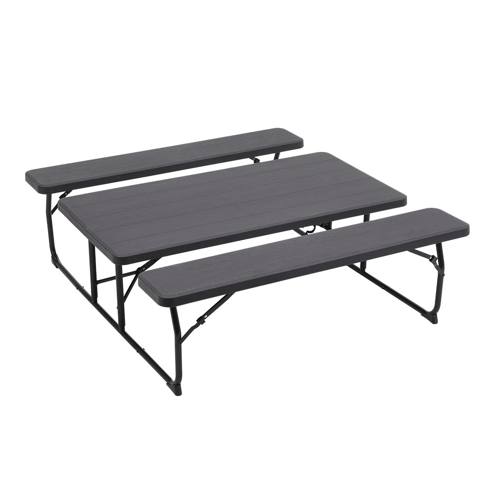 Black Foldable Picnic Table and Bench Set with Parasol Hole