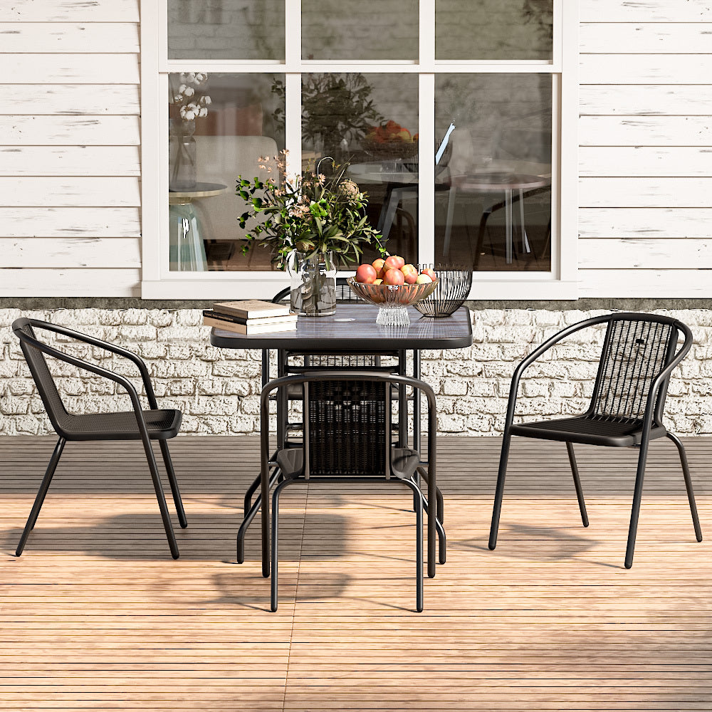 Square Garden Tempered Glass Wood Grain Coffee Table with Four chairs