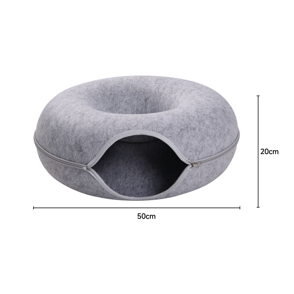 Grey 50cm Round Felt Cat Tunnel Bed Cave Bed for Small Pets