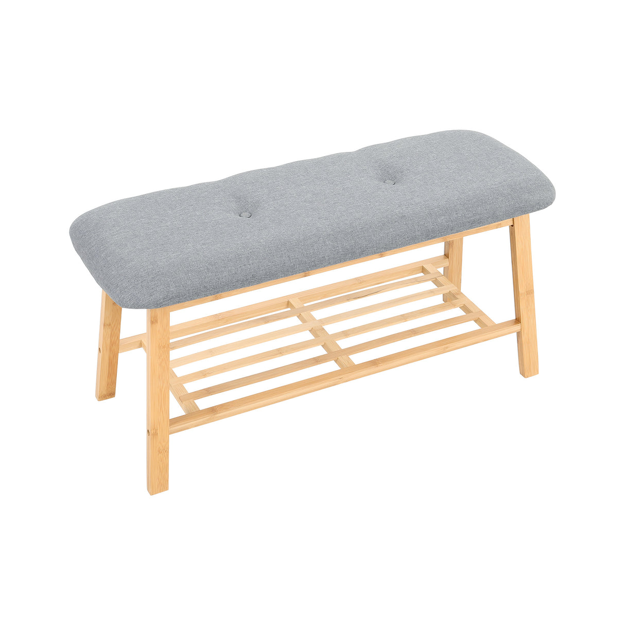2 Tier Hallway Bamboo bench with Linen Cushion Shoes Storage Rack Grey