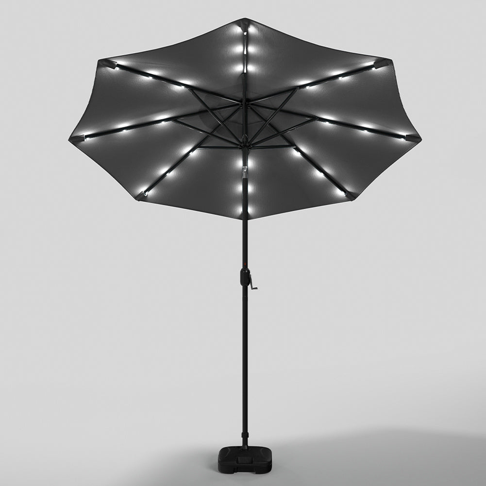 3M Large Garden LED Parasol Outdoor Beach Umbrella with Light Sun Shade Crank Tilt with Square Base, Dark Grey