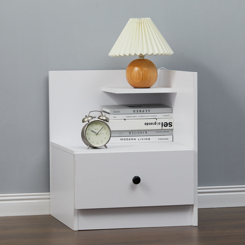 Urban Style Wooden Bedside Table with Drawers and Open Shelves, White