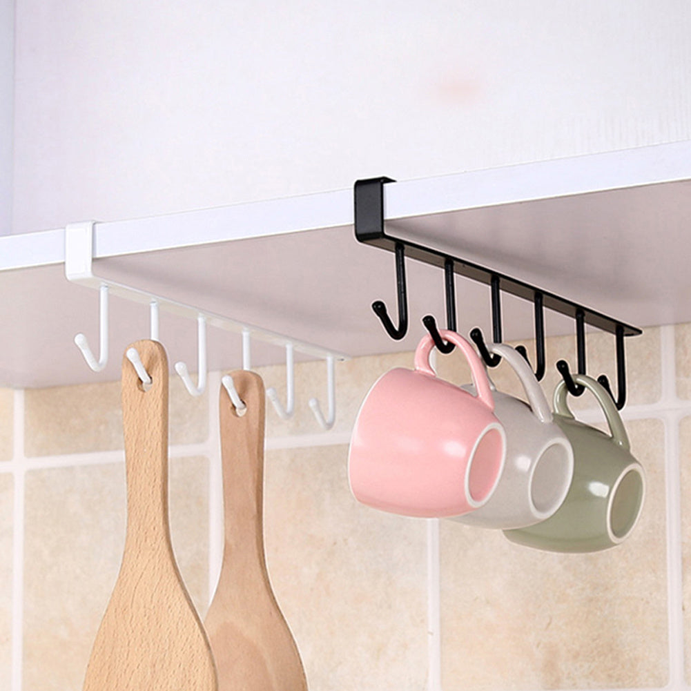 6 Hooks Metal Under Hanging Shelf Kitchen Cupboard Organiser, White