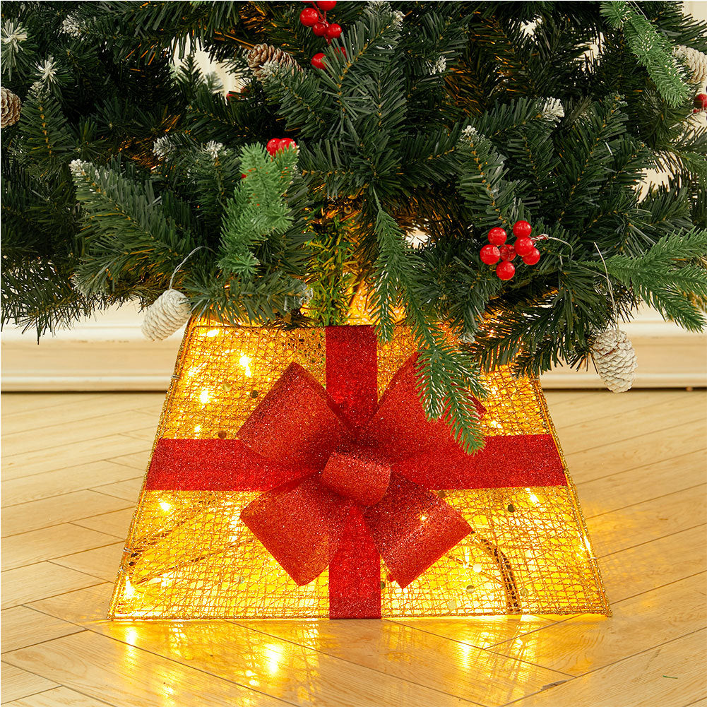 Square Christmas Tree Skirt with Bow Tie,Gold