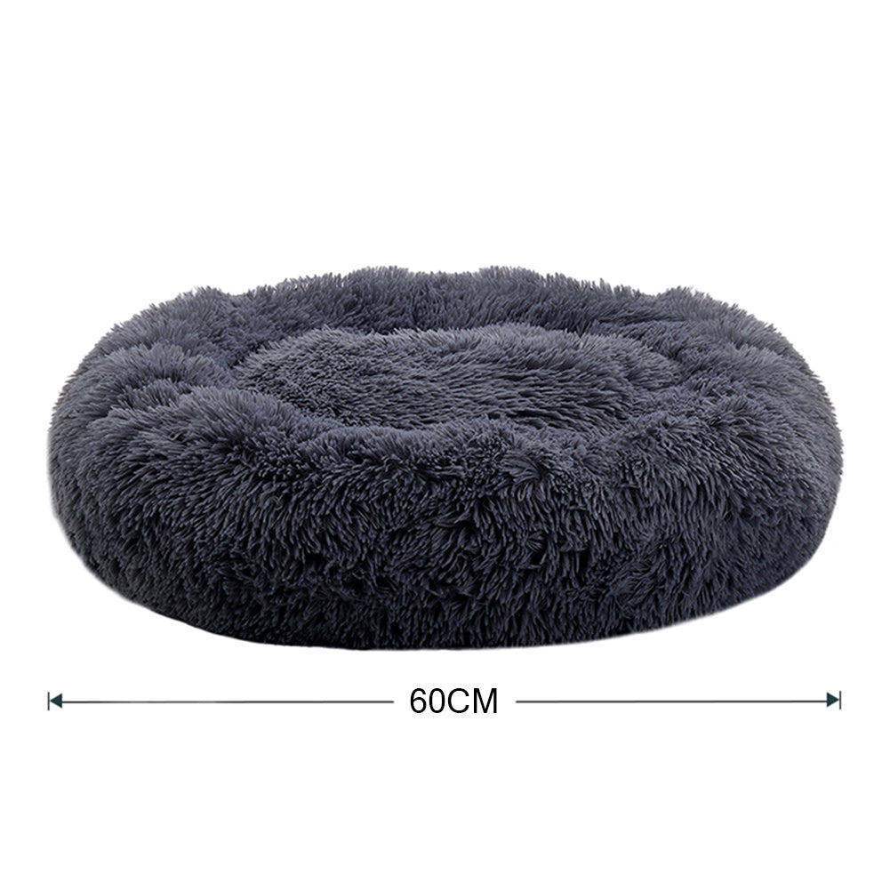 60CM Round Faux Fur Fluffy Shaggy Sheepskin Pet Bed, Dark Grey