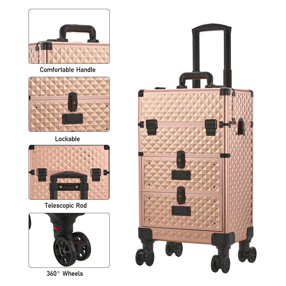 Aluminum 3 in 1 Cosmetic Trolley Case Beauty case on Wheels,Rose Gold