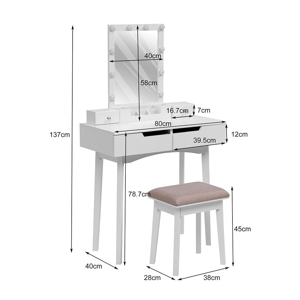 White Vanity Table with LED Mirror Cushioned Stool and Storage Drawers