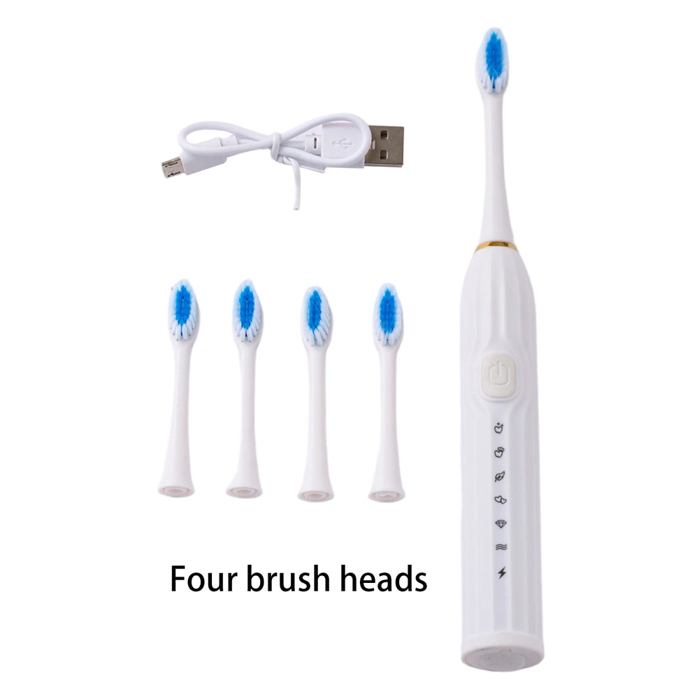 Sonic Electric Toothbrush 4 Heads USB Rechargeable White Cleaner with 4 Brush Heads