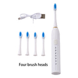 Sonic Electric Toothbrush 4 Heads USB Rechargeable White Cleaner with 4 Brush Heads