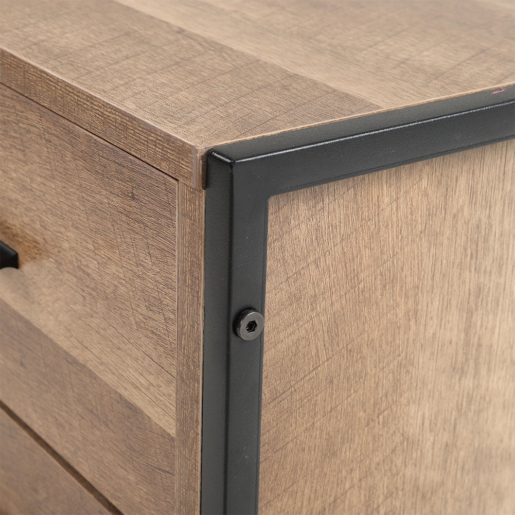 Metal Frame Wood Industrial Bedside Table Nightstand with Two Drawers