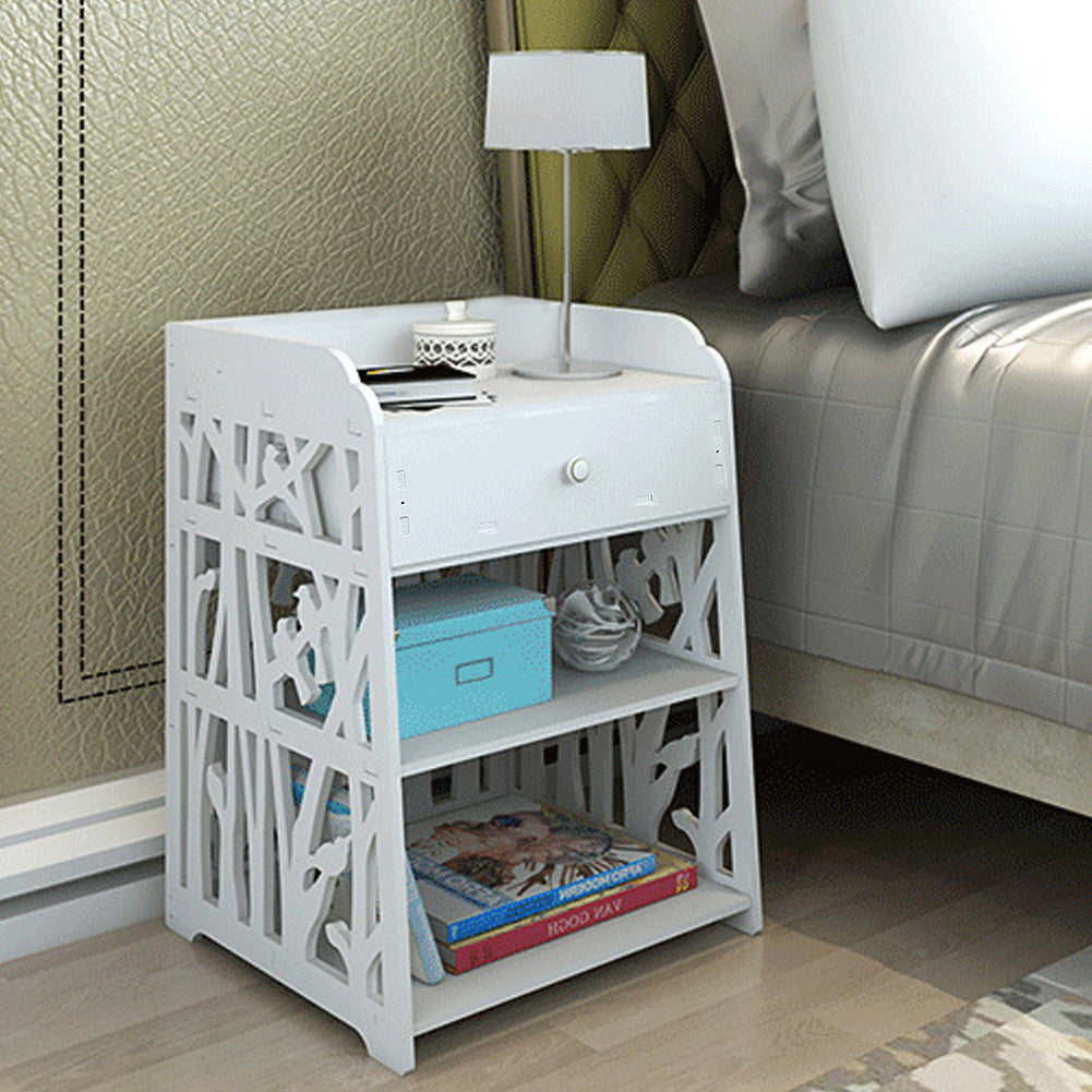 Wood Nightstand Bedside Table with Hollow Bird Design 2-Tier Storage