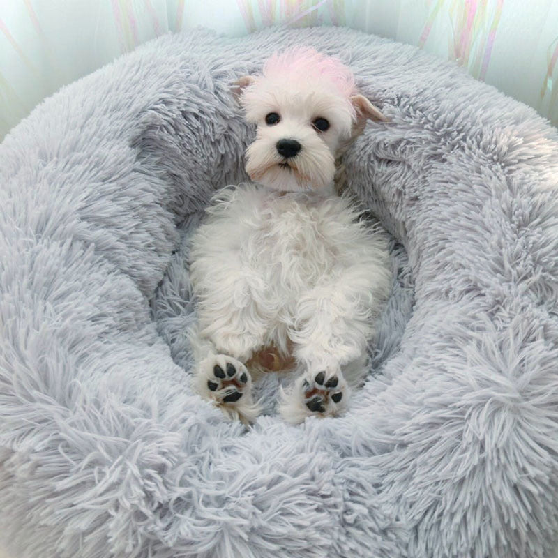 60CM Round Faux Fur Fluffy Shaggy Sheepskin Pet Bed, Light Grey