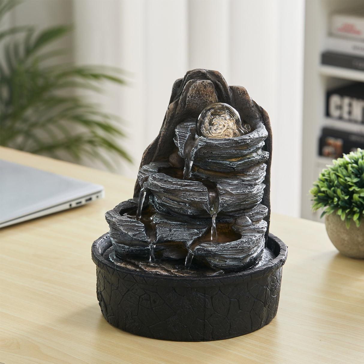 Layered Rock Cascading Tabletop Fountain with LED Crystal Ball