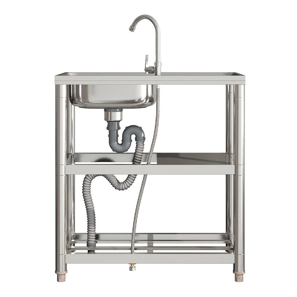 Silver Kitchen Stainless Steel One Compartment Sink with Shelves and Drainboard