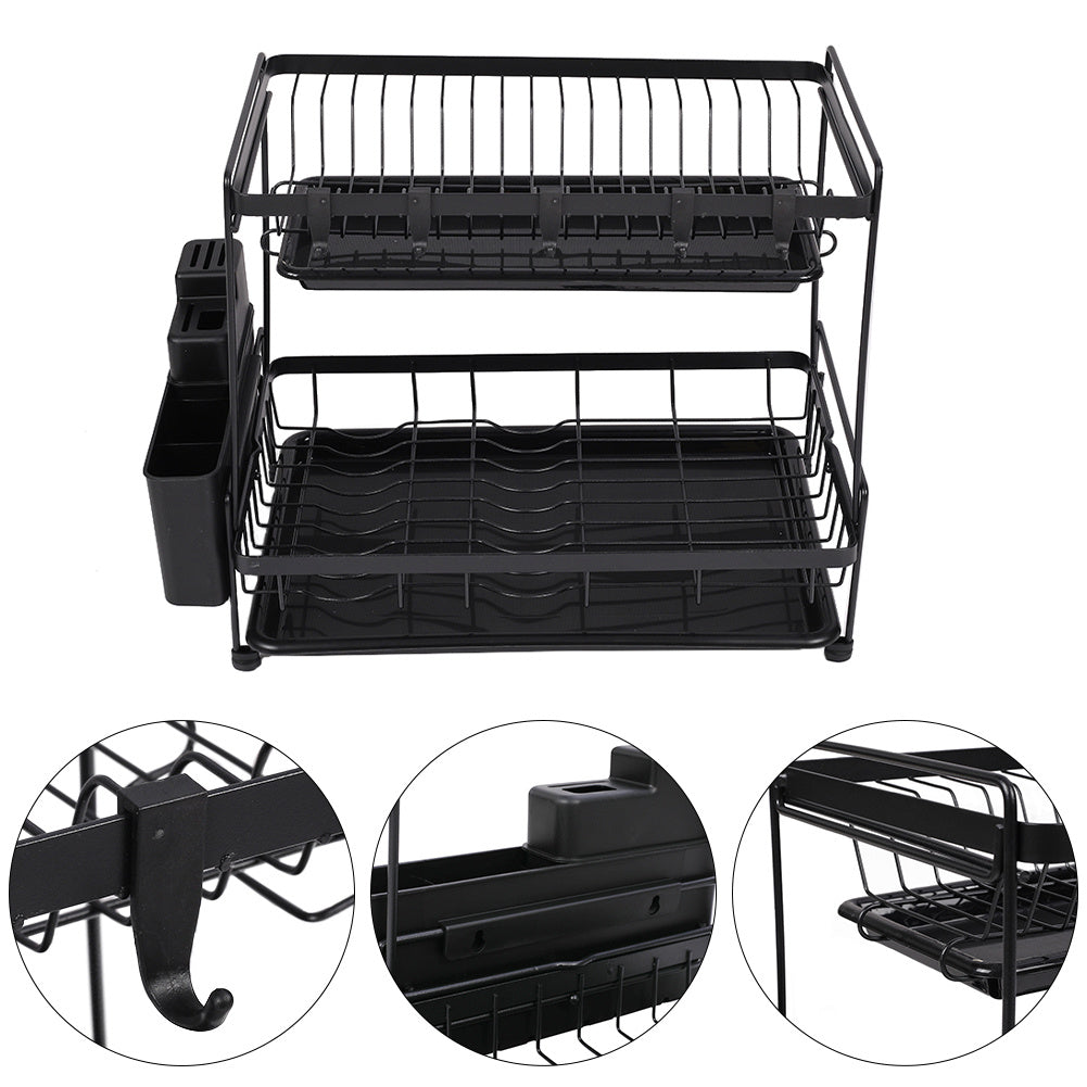 Black 2 Tier Dish Drying Rack with Drainboards