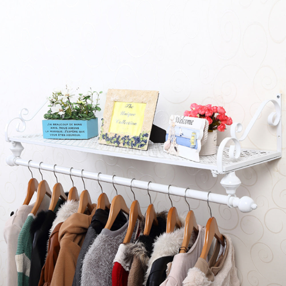Clothes Rail Wall Mounted Garment Hanging Rack with Shelf Iron Display Storage