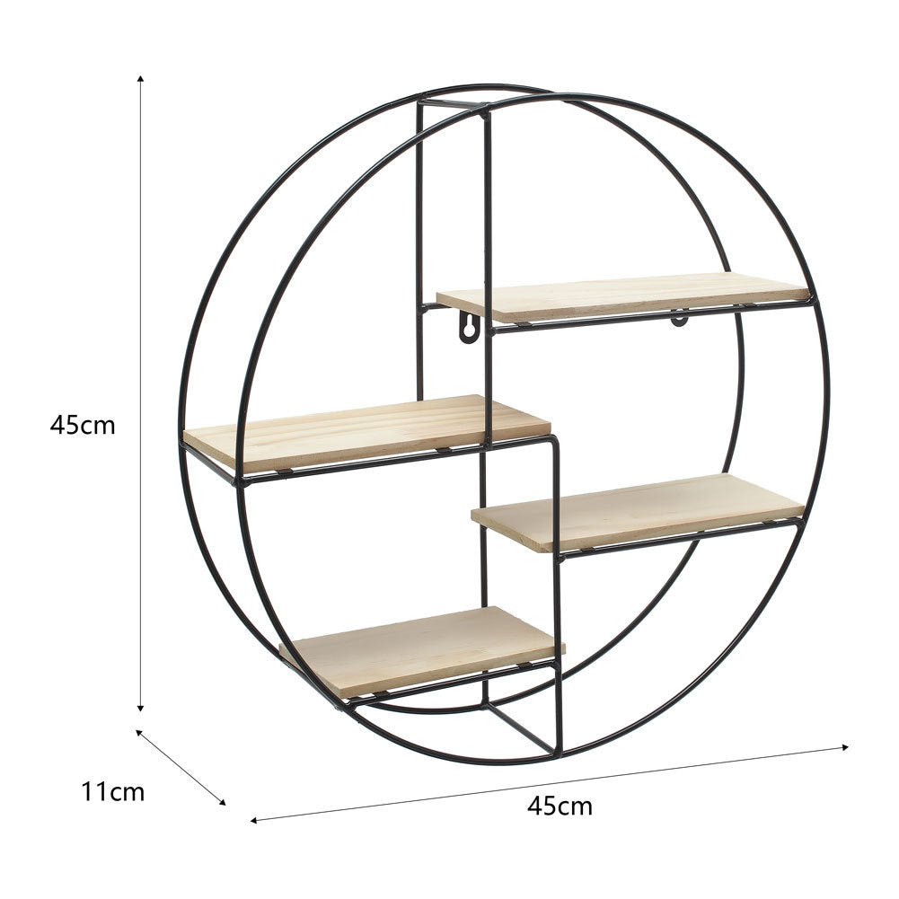 Round Floating Wall Shelf Iron Wood Modern Storage Decorative