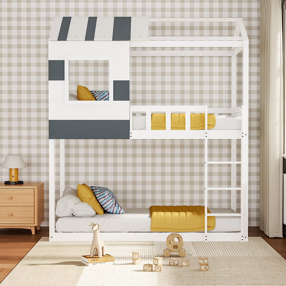 Modern Kids House Bunk Bed Solid Pine Twin Safe Guard Rails