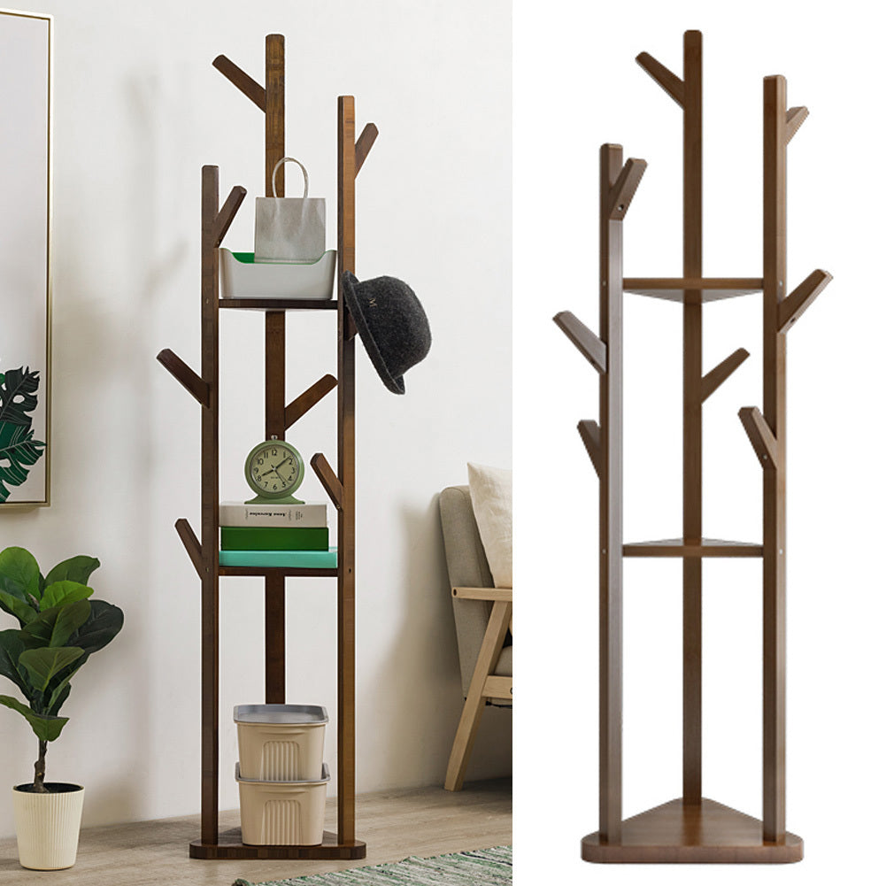 Standing Wood Cloth Hat Rack with 3 Storage Shelves, Dark Brown