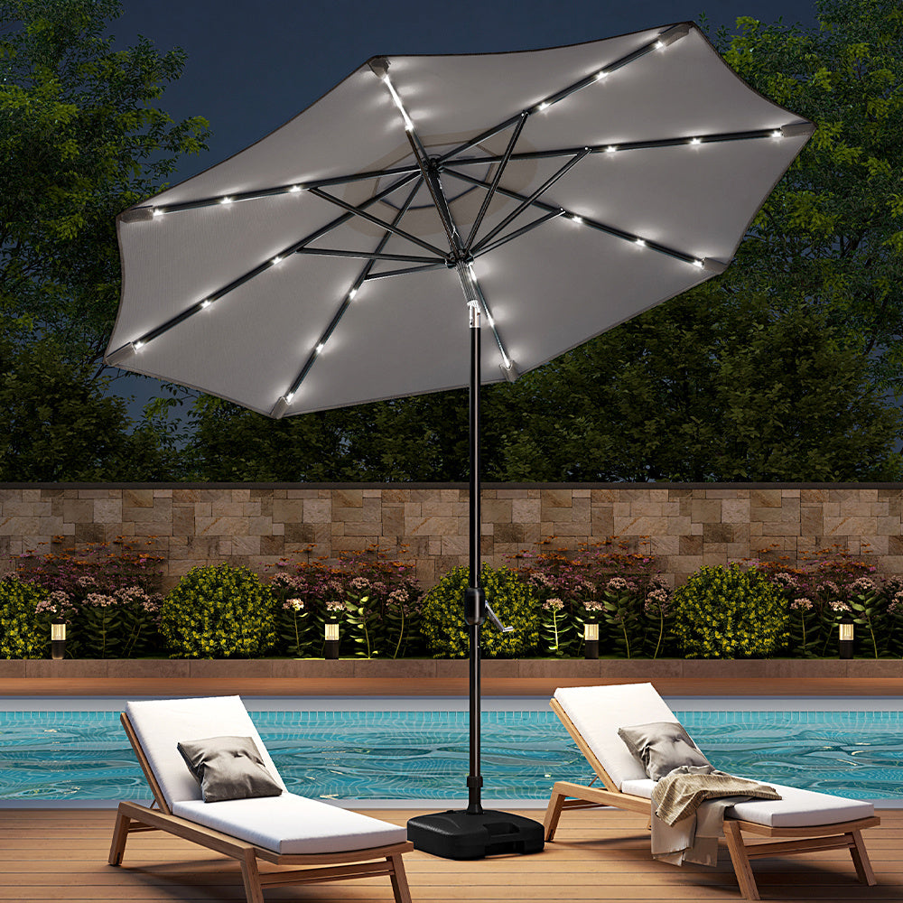 3M Large Garden LED Parasol Outdoor Beach Umbrella with Light Sun Shade Crank Tilt with Square Base, Light Grey