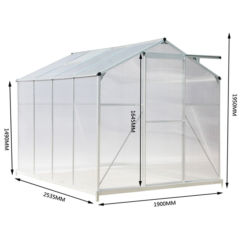 8ft x 6ft Greenhouse Polycarbonate Aluminium Greenhouse with Window, Sliding Door, and Foundation