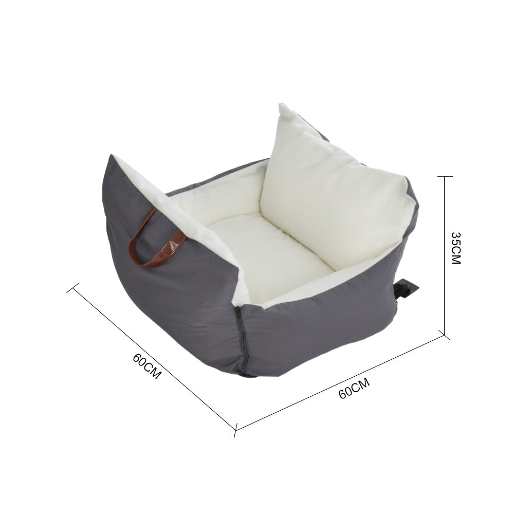 Plush Pet Car Seat Bed with Handle and Adjustable Strap, Grey