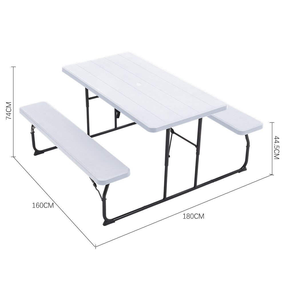 White Foldable Picnic Table and Bench Set with Parasol Hole