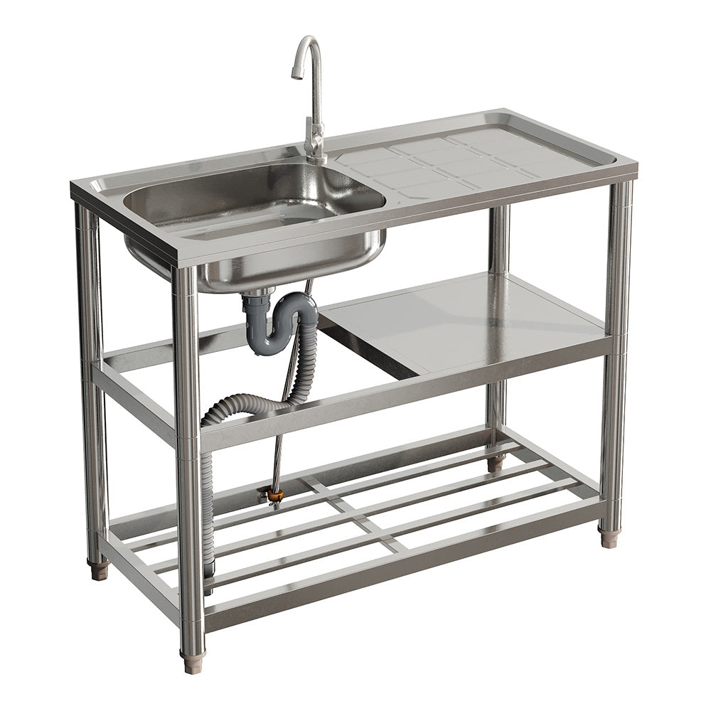 Freestanding Stainless Steel One Compartment Sink with Shelves and Drainboard