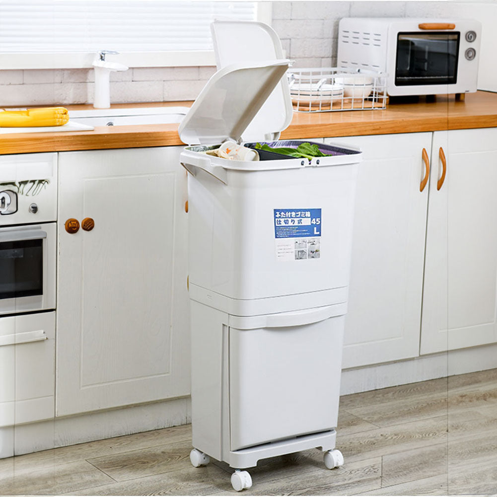 White Double-Layer Three-Compartment Trash Can with Wheels
