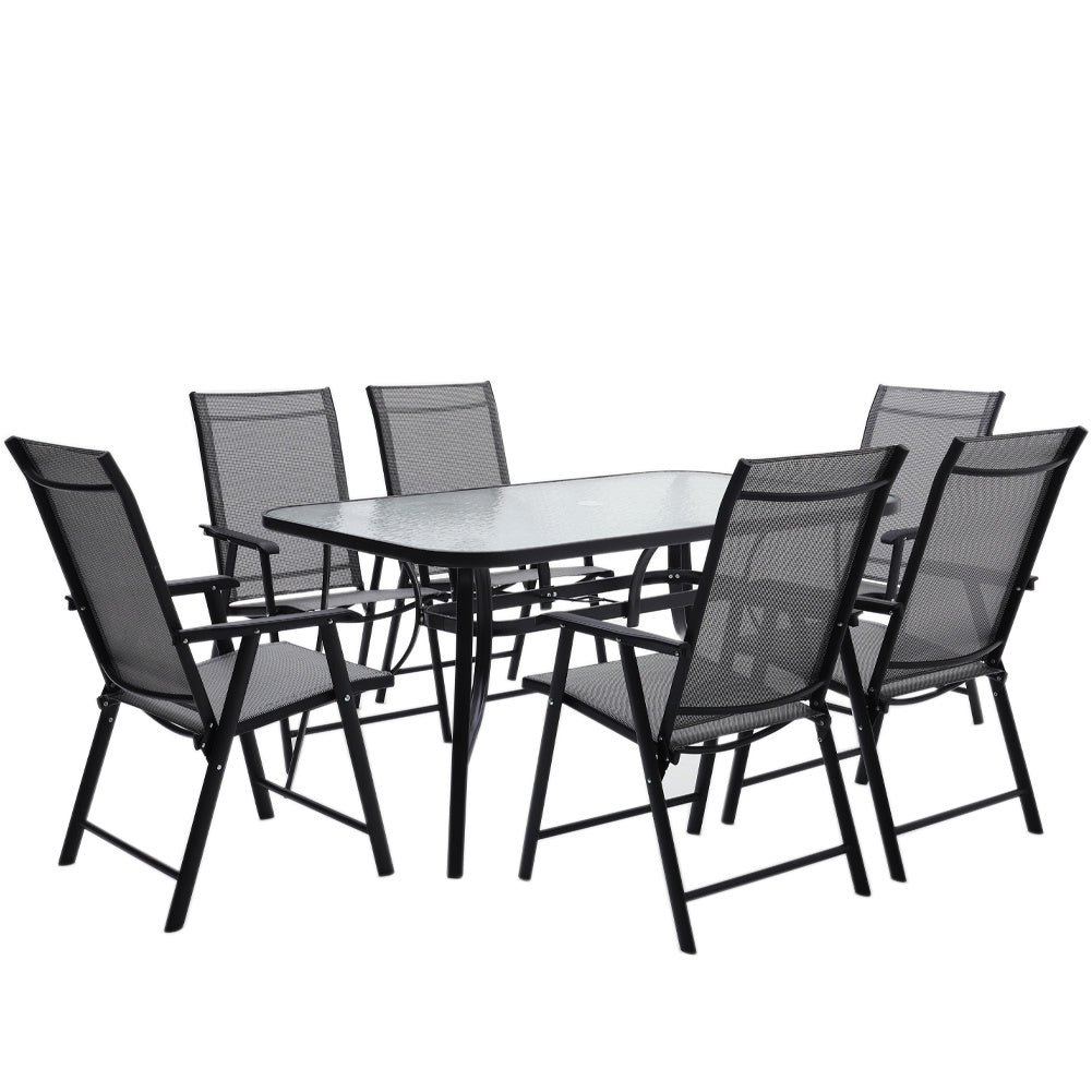Set of 7 Garden 150CM Ripple Glass Rectangle Umbrella Table and Folding Chairs Set, Black