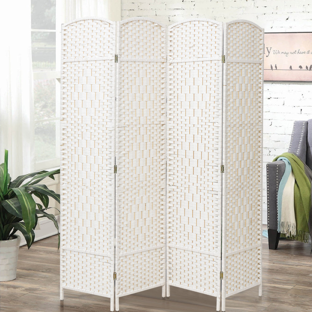 White Solid Weave Wicker Wood Room Divider 4 Panel