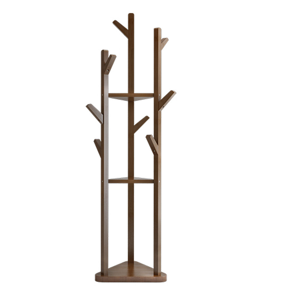 Standing Wood Cloth Hat Rack with 3 Storage Shelves, Dark Brown