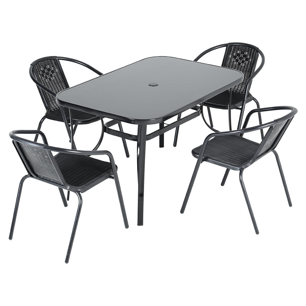 Black Set of 5 Garden 120CM Rectangle Glass Umbrella Table and Stackable Chairs Set
