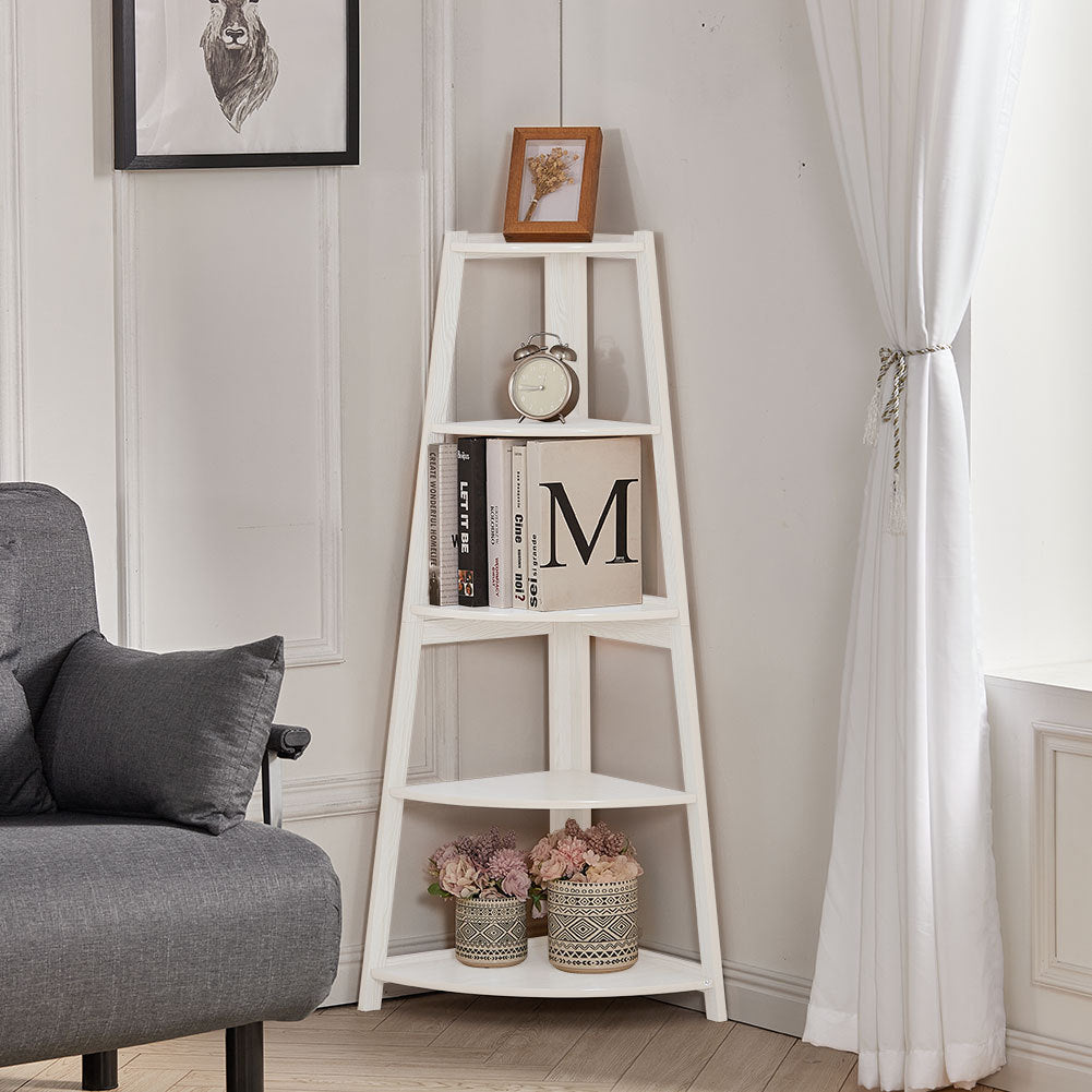 White 5 Tier Ladder Shaped Corner Shelf Rack Bookcase