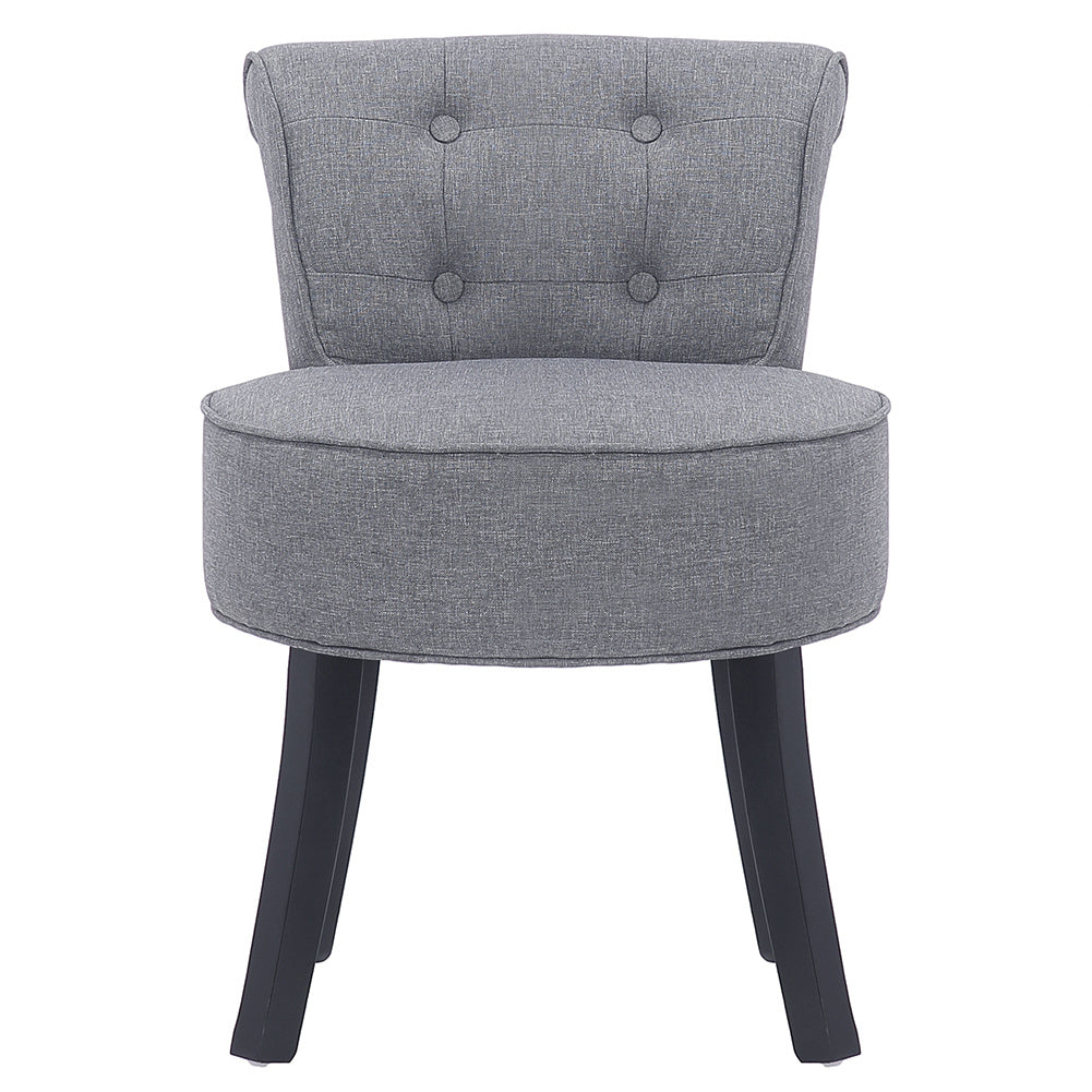 Linen Buttoned Vanity Stool Thick Padded Black Wooden Legs, Light Grey