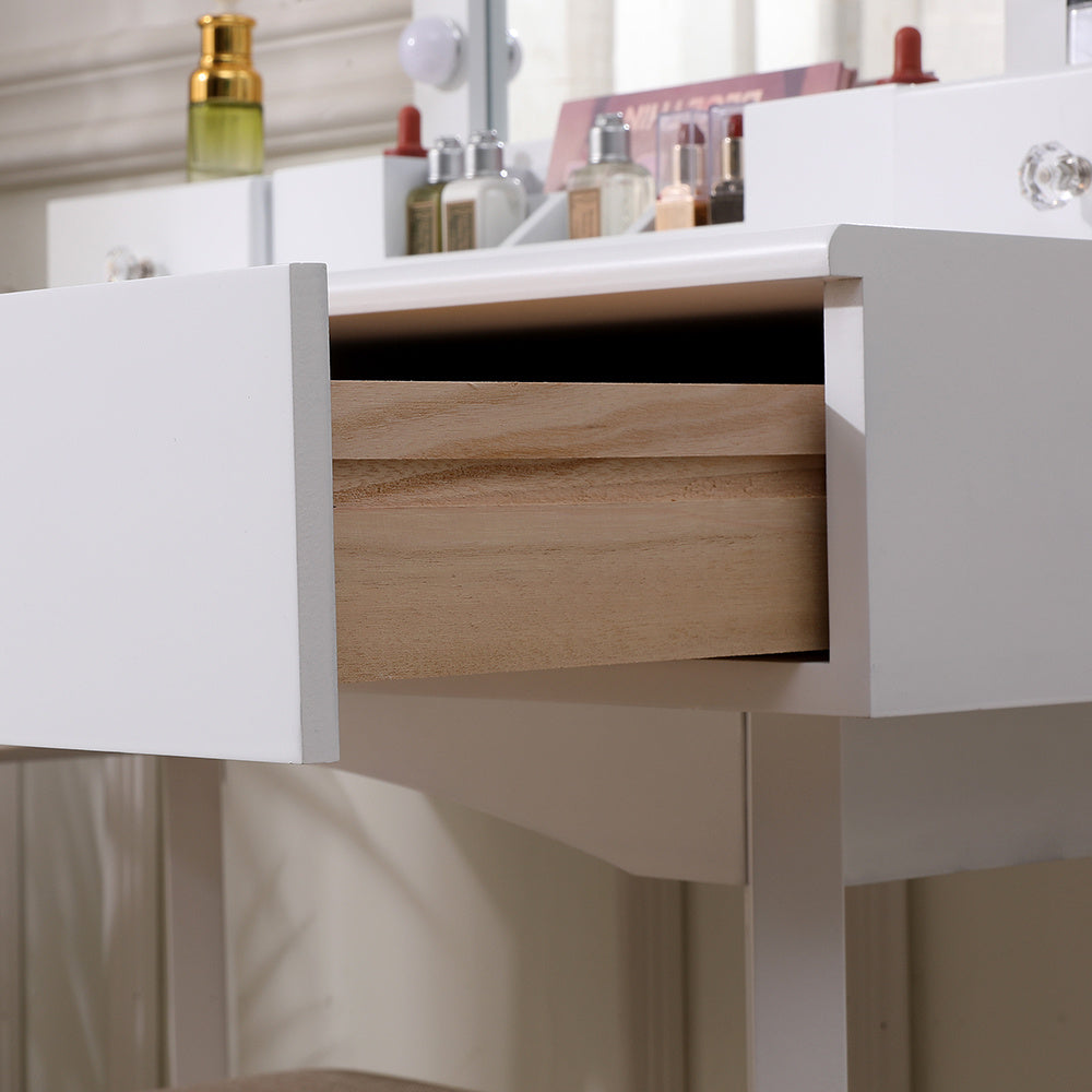 White Vanity Table with LED Mirror Cushioned Stool and Storage Drawers