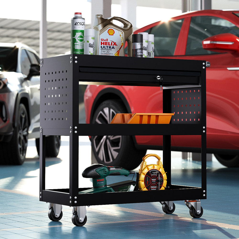 3 Tier Rolling Tool Cart with Lockable Drawer