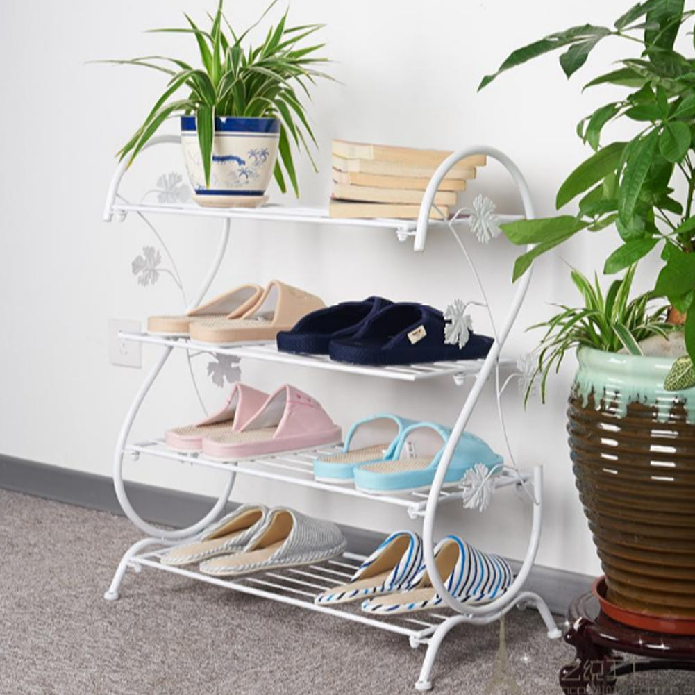 4 Tier Iron Shoe Rack Leaf Decoration, White