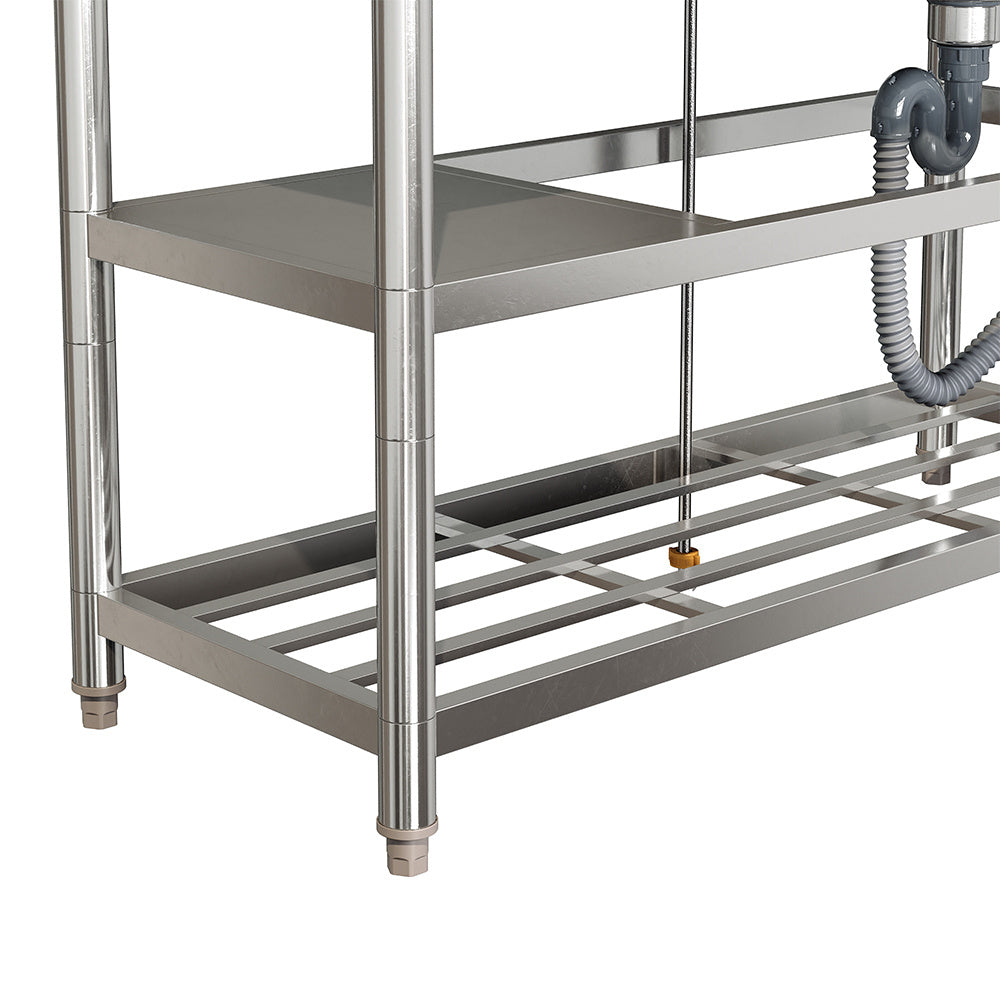 Silver 120cm Stainless Steel Kitchen Compartment Sink with Shelves