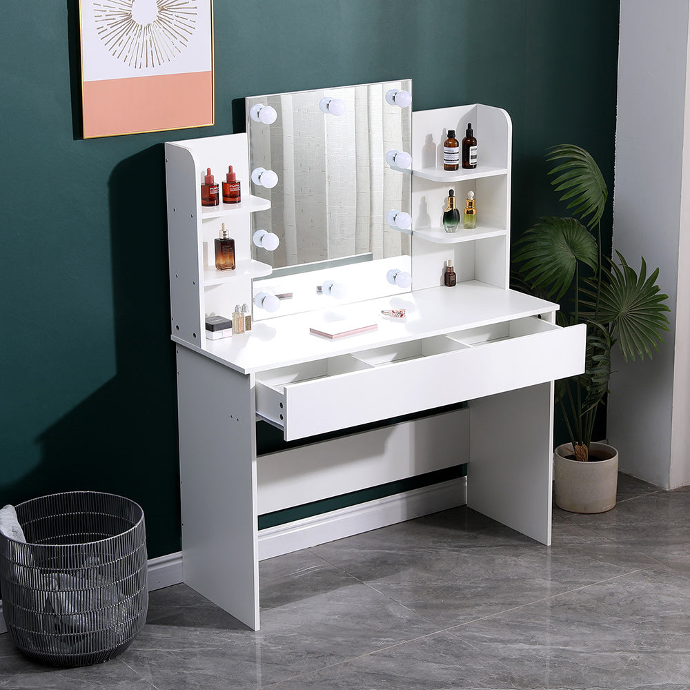 Hollywood Vanity Desk with LED Mirror Shelves and Storage Drawer