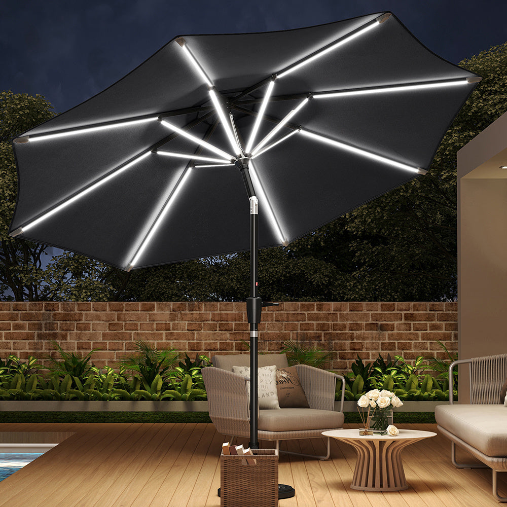 3M Large Garden LED Parasol Outdoor Beach Umbrella with Light Sun Shade Crank Tilt No Base, Gark Grey